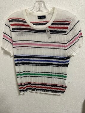 GAP White Short-Sleeve Ribbed Knit Tee with Multicolor Stripes